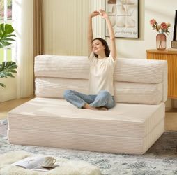 Full Size Folding Floor Sofa Bed Cream Corduroy