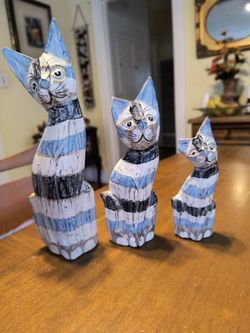 Size 10- 8 - 6-inch cats wooden blue  black and white carved cats home decor