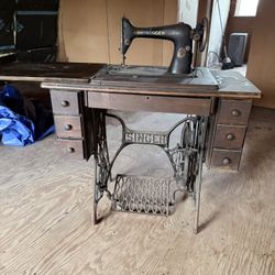 Antique Singer Treadle Sewing Machine with Cast Iron Base & Wood Cabinet