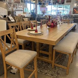 Dining Table With 2 Leafs, 6 Chairs And Bench 