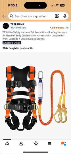 TRSMIMA Safety Harness Fall Protection - Roofing Harness Kit Men Full Body Construction Harness with Lanyard for Work Upgrade 4 Quick Buckles Orange