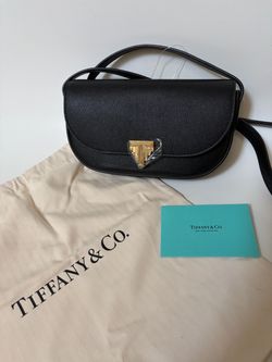 Tiffany & Co Black Leather Crossbody Bag Gold Deco T Logo Small Shoulder Bag NWT
