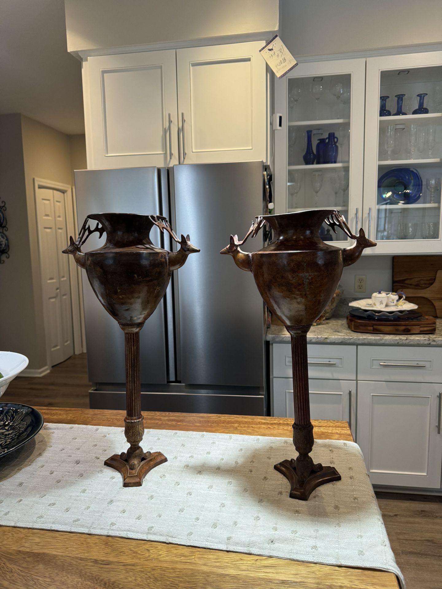 Pair Vintage Tall Hammered Bronze Deer Urns
