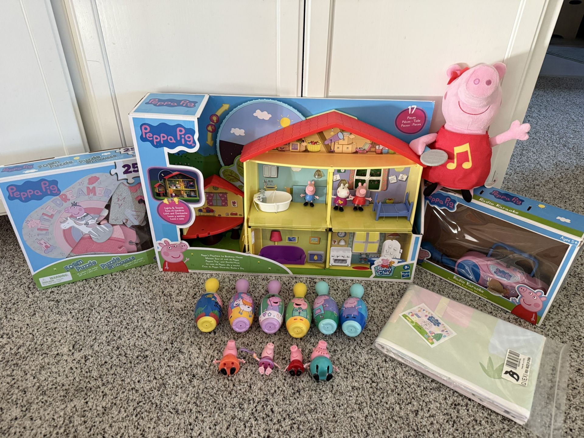 Peppa Pig Mega Bundle - Playtime Bedtime House Adventures, Singing Soft Plushy, Puzzle, Radio Karaoke, Figures, Birthday Backdrop, Bowling Pins Toys