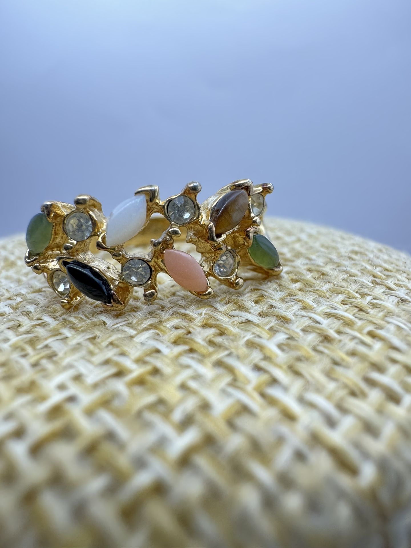 Natural Color Stone Ring Open Work Gold Tone Multicolor Settings Sz 8