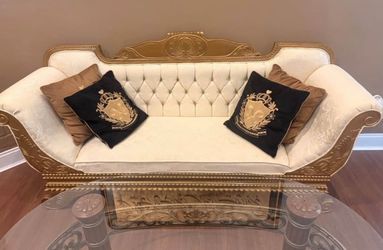 Luxury Gold & Ivory Carved Tufted Sofa