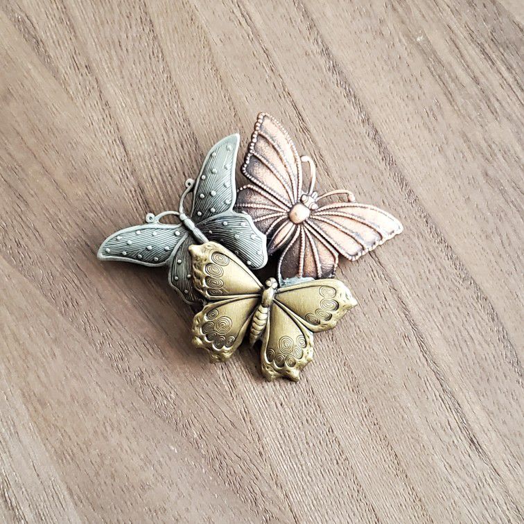 Vintage Pewter Brass Copper Butterfly Brooch 
