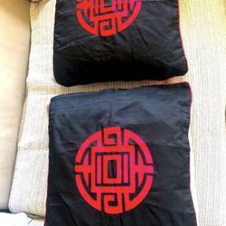 Set of Black Pillow Shams w/ Red Chinese Embroidery Pattern