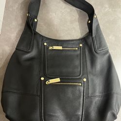 KOOBA Leather Hobo Large Shoulder Bag Purse Black Gold w Pockets Looks New