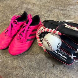 Adidas Baseball Cleats, Mitt, & Ball