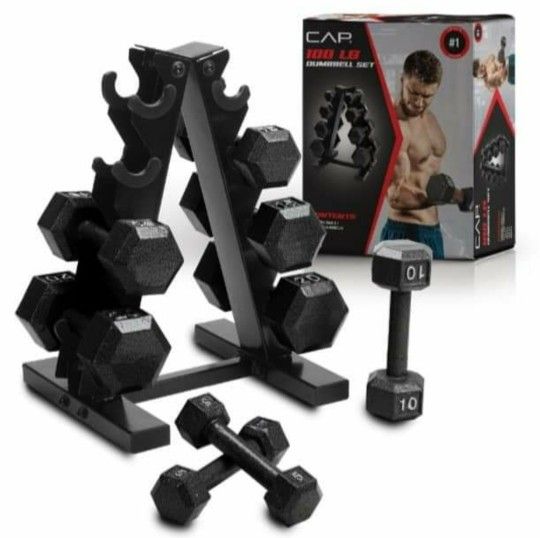 Cap Barbell 100 Lb cast iron hex Dumbbell weight set with Rack, black