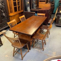 19th Century Primitive Pine Hutch Dining Table Set, 6 chairs, Original
