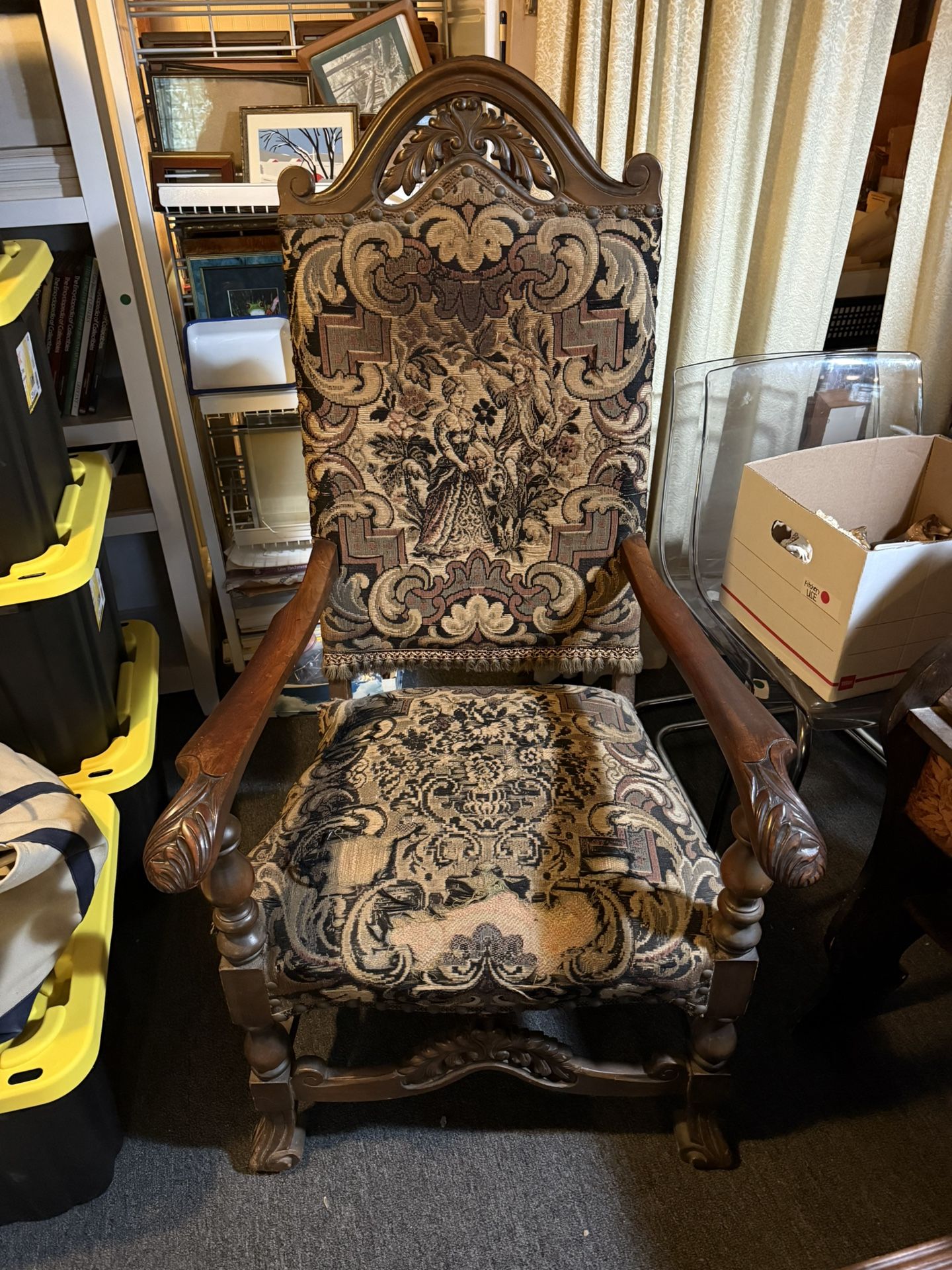 Antique Jacobean Revival Carved Wood Armchair – High Back Tapestry Upholstery