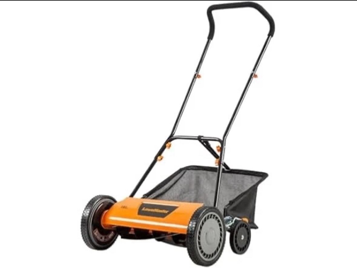LawnMaster LMRM1801 Push Reel Lawn Mower 18-Inch 5-Blade orange