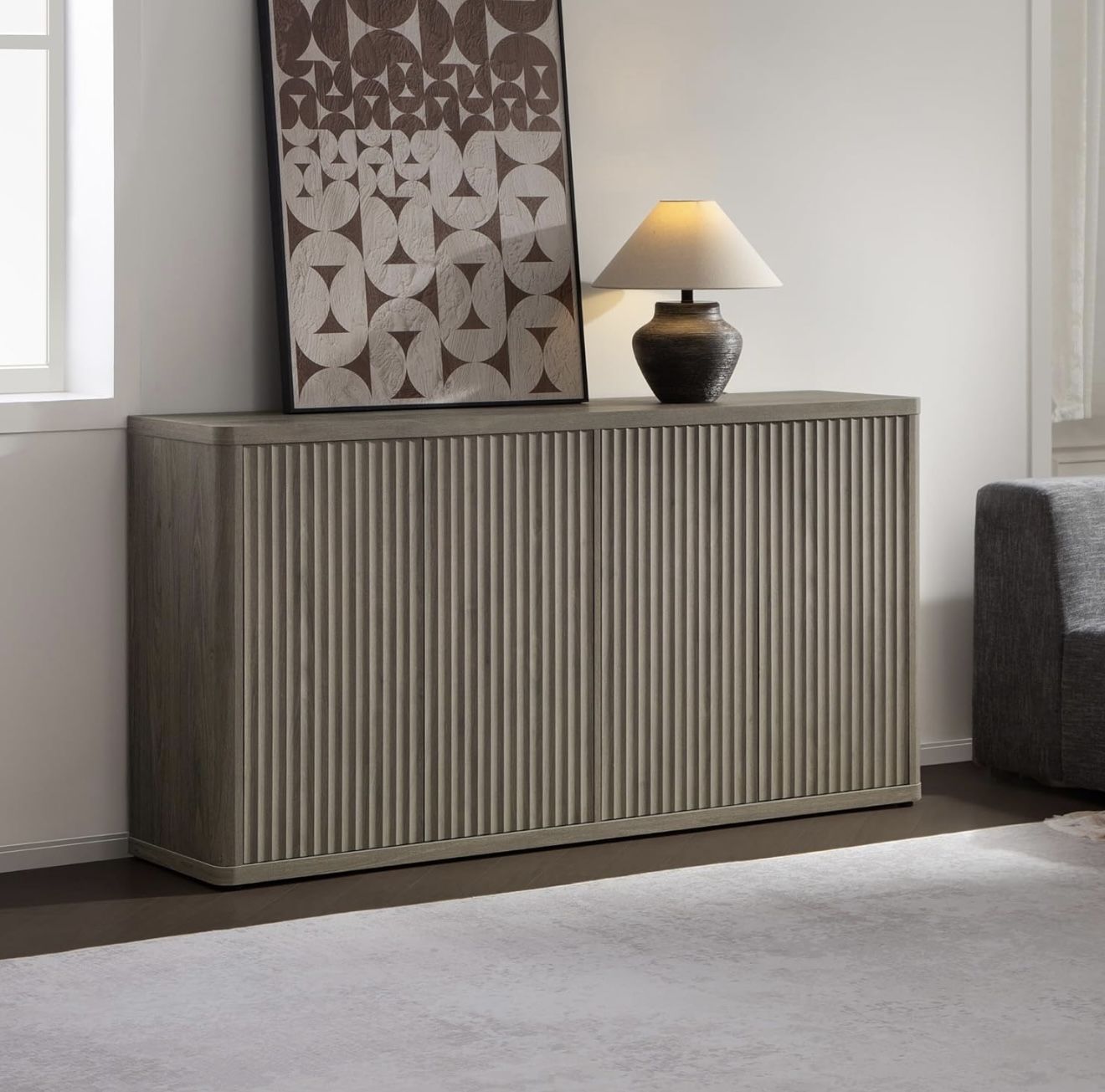 Buffet Cabinet with Storage Accent Sideboard with 4 Doors 66.3" Wide Fluted Credenza Modern Buffet Table Media Console Cabinet Entryway Cabinets for L