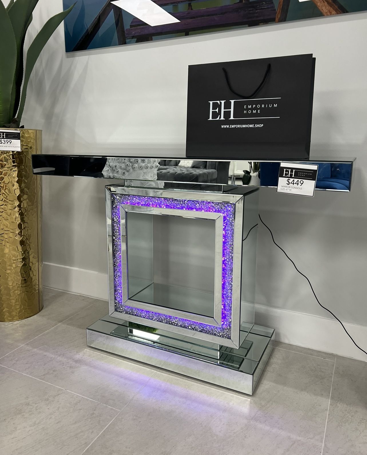 Mirror Crystal Led Console Table 47”W