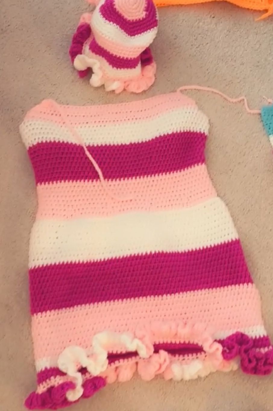 Crochet Handmade Tube Dress W Bucket Hat With Ruffles To Match 