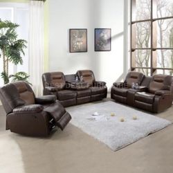 Brown Leather Fully Reclining Three Piece Couch Set 