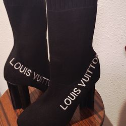 'Louis Vuitton' Black Embroidered Heeled Sock Boot  Size 6.5/7