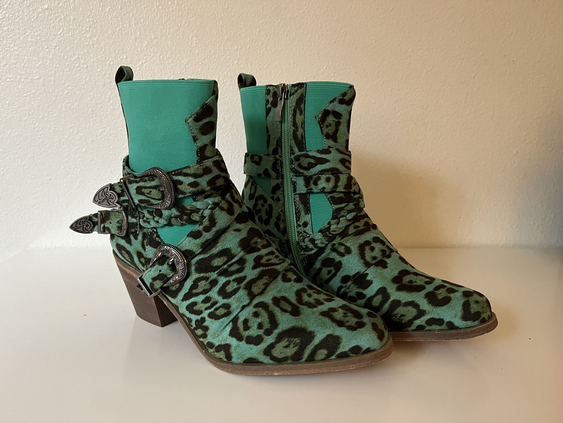 Teal Leopard Print Boots-size 7