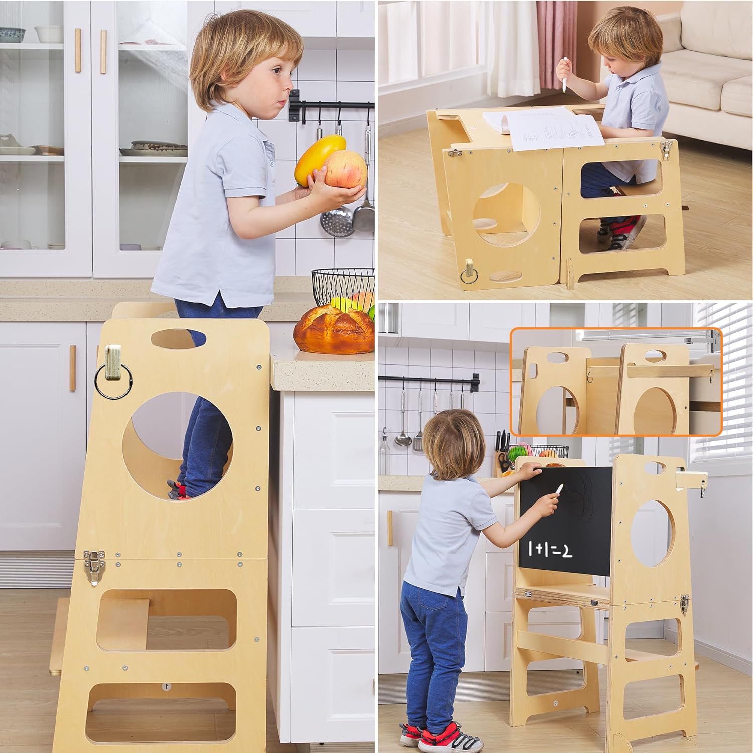 4-in-1 Foldable Kitchen Stool Helper with Safety Crossbar, Standing Toddlers Tower with Chalkboard for Learning, Montessori Folding Desk Table and Cha