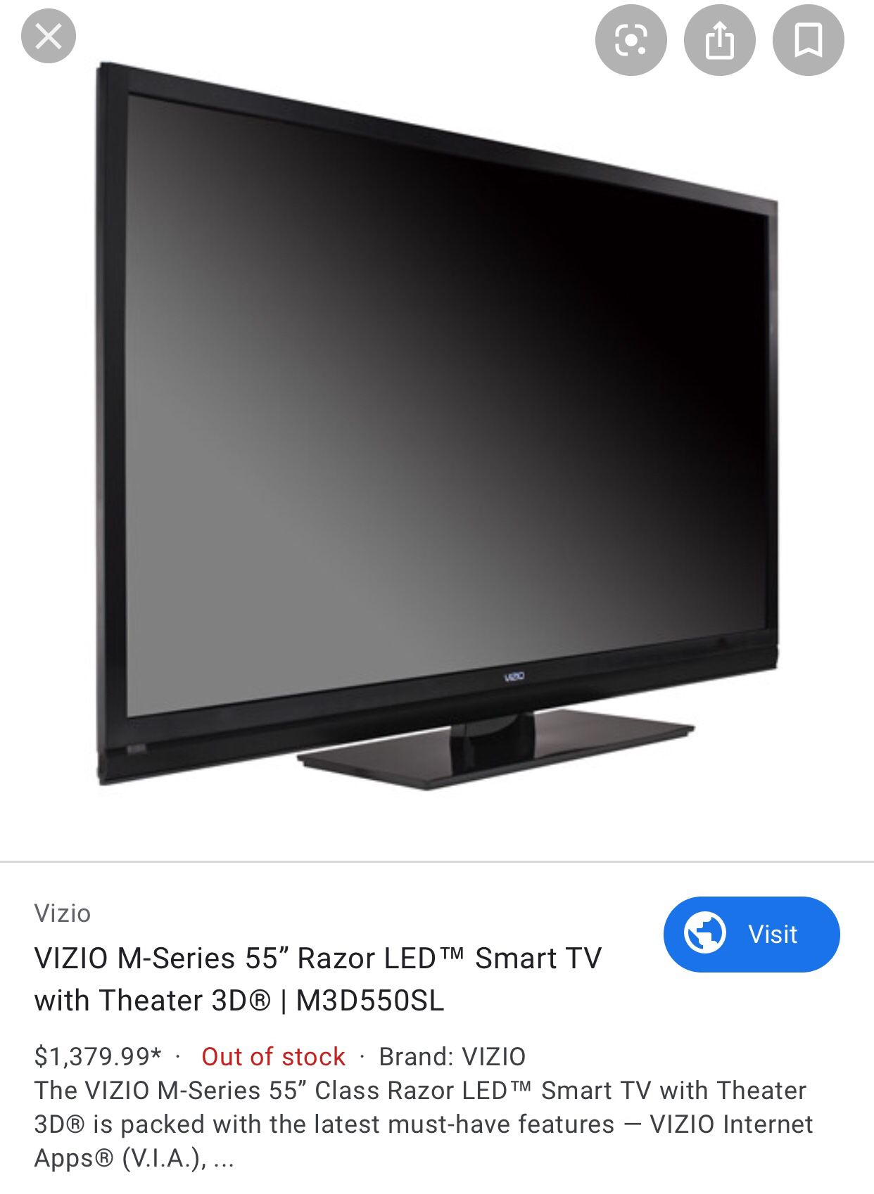 Vizio 55” 3D Smart TV Flat Screen