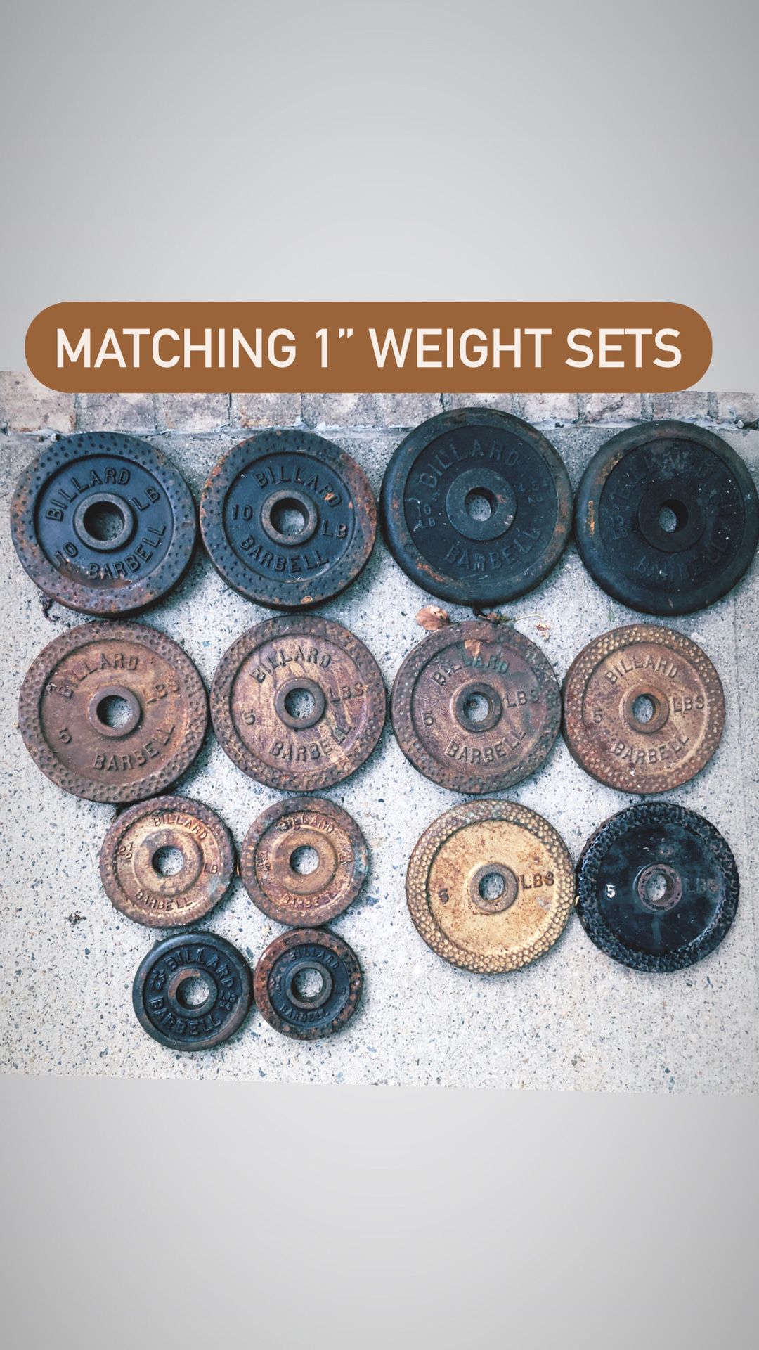 Pairs of matching 1” weights (read description) and barbells curl bars and dumbbell handles dumbell clips
