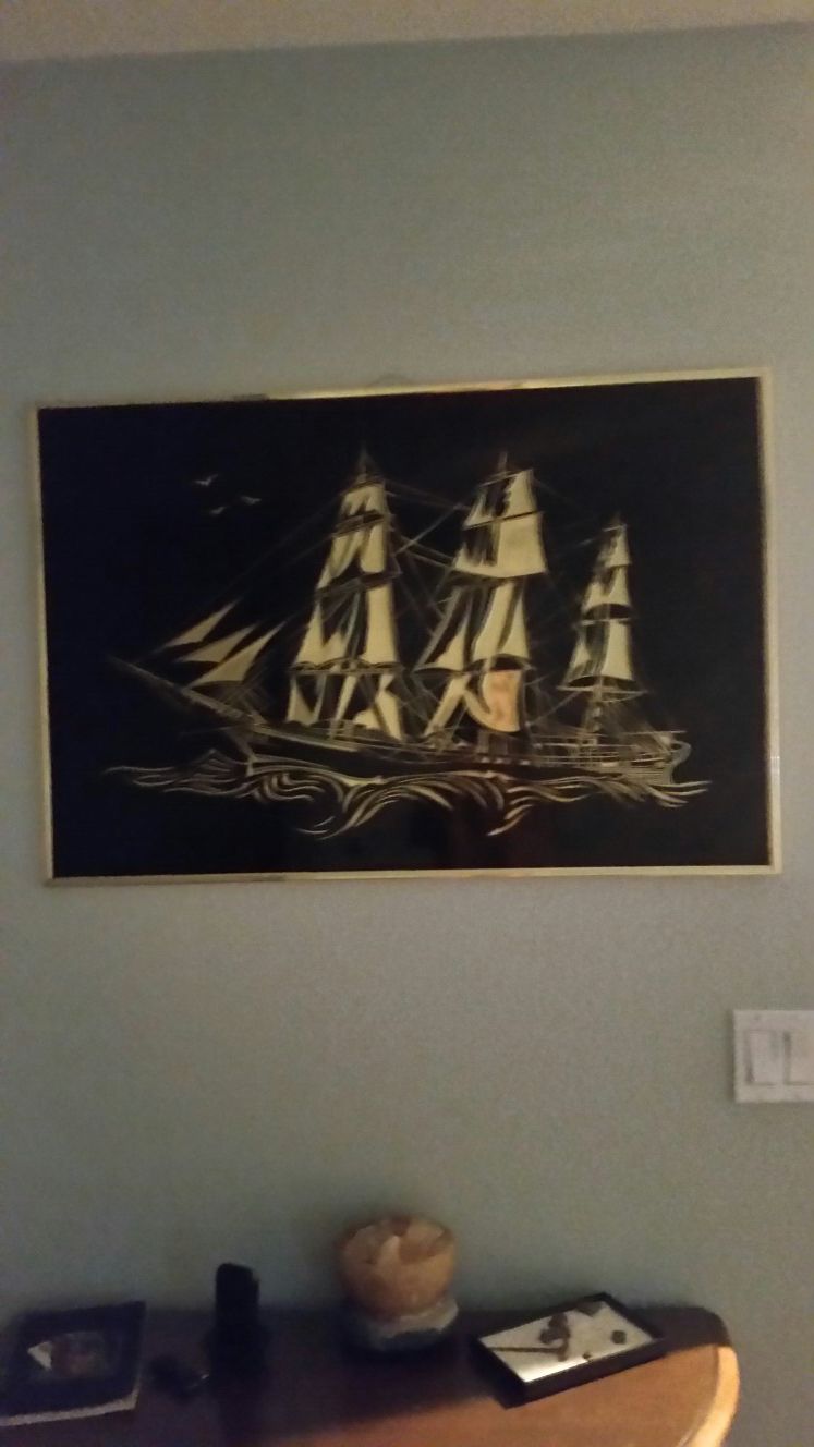 Vintage Black and Gold etching sailboat picture, good condition