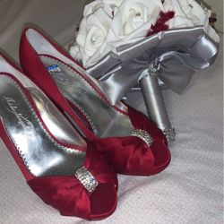 Red Wedding Michael Angelo Heels And Red /grey Bouquet To Match