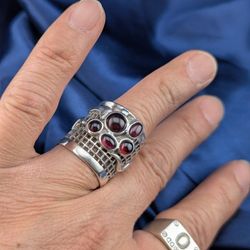 Wide 925 Sterling Silver lattice Red Garnet   gemstone ring Design by Amir Poran.SIZE 9.5