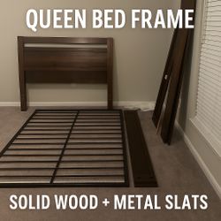 Modern Queen Bed Frame – Solid Wood + Metal Slats