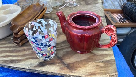 Red Ceramic Teapot with Floral Handle