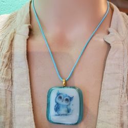 cutie blue owl fused glass pendant 