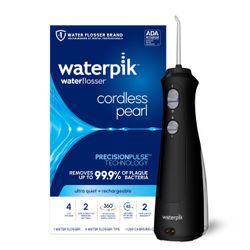 Waterpik Cordless Pearl Rechargeable Portable Water Flosser for Teeth, Gums, Braces Care and Travel with 4 Flossing Tips - ADA Accepted, WF-13 Black,