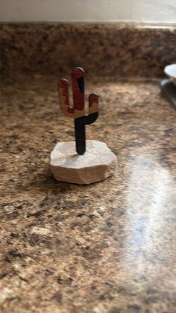 Wood Cactus Figurine with Stone Base
