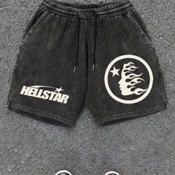 Men's HELLSTAR 100% Cotton Casual Shorts - Soft, Comfortable, Loose Fit with Elastic Waistband & Drawstring, Grey Graphic Print, Perfect for Home or S
