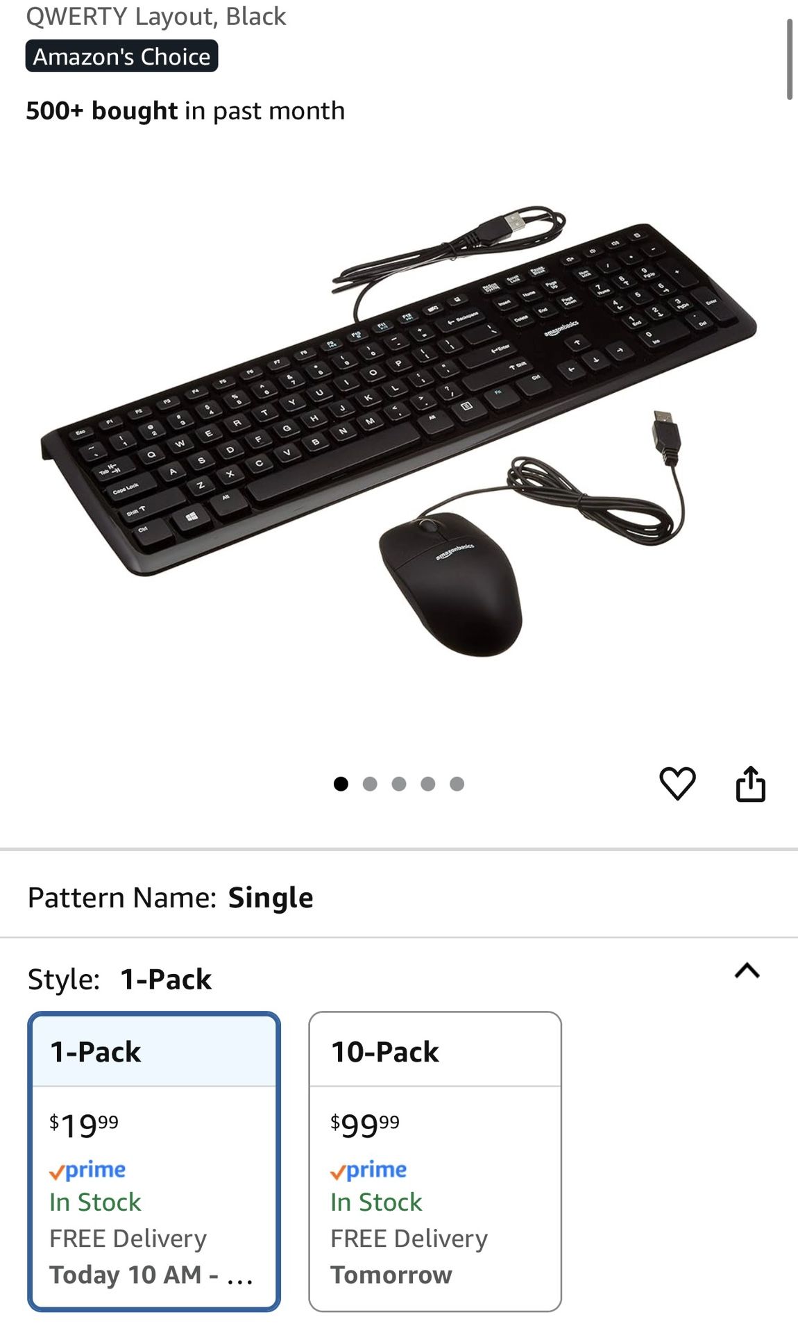 Amazon Basics Wired Keyboard and Mouse Bundle, Full-Sized, QWERTY Layout, Black