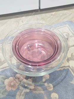 Clear Pyrex bowl, one Vision Glass Mixing Bowl Pink Tinted