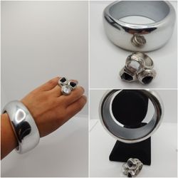 Vintage set, Bracelet & Ring Sz7, silver tone, Crystal stones.
