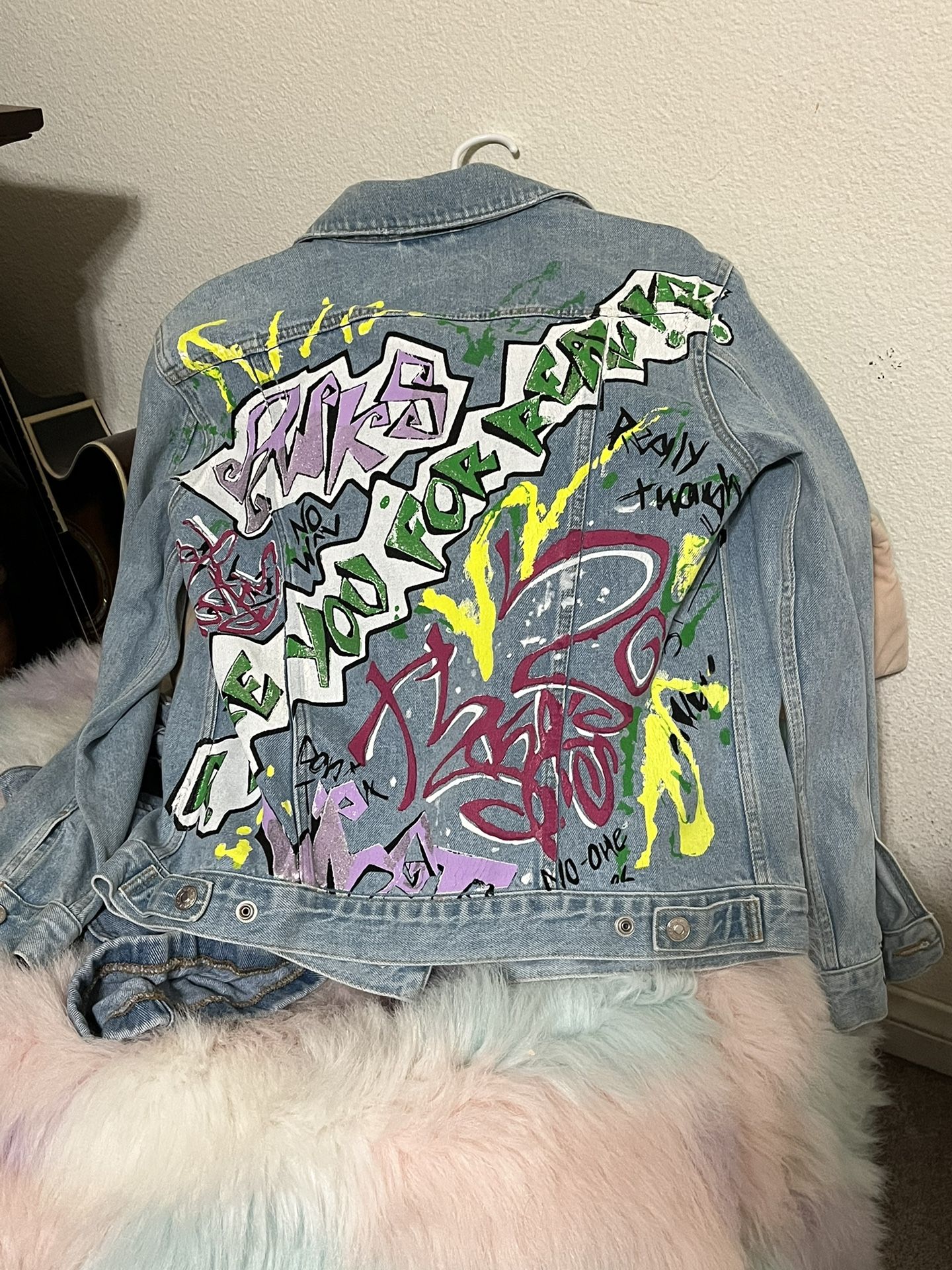 TopShop Moto Graffiti Denim Jean Jacket, Size 2 in US - Colorful pattern, FUN