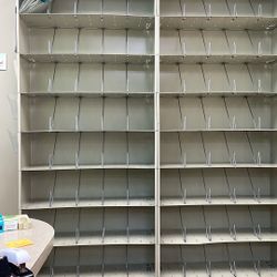 Three Metal Eight Shelf Open File Cabinets