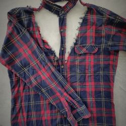 Ripped  vintage t shirt Furst of a kind unique handmade vintage plaid cropped jacket top with Raw Edge Plaid Button Down LONG SLEEVE Shirt . 
