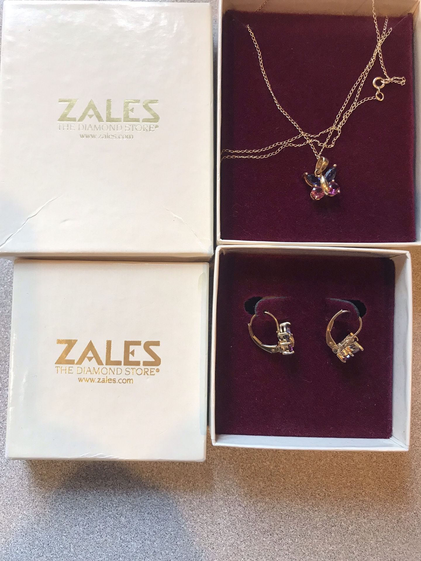 14k gold Butterly stone Pierced earrings and 14k solid gold stone chain From Zales Jewler