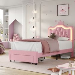 Leather Upholstered Storage Bed With LED Lights & Crown Headboard, Kids Twin Size Bed  
