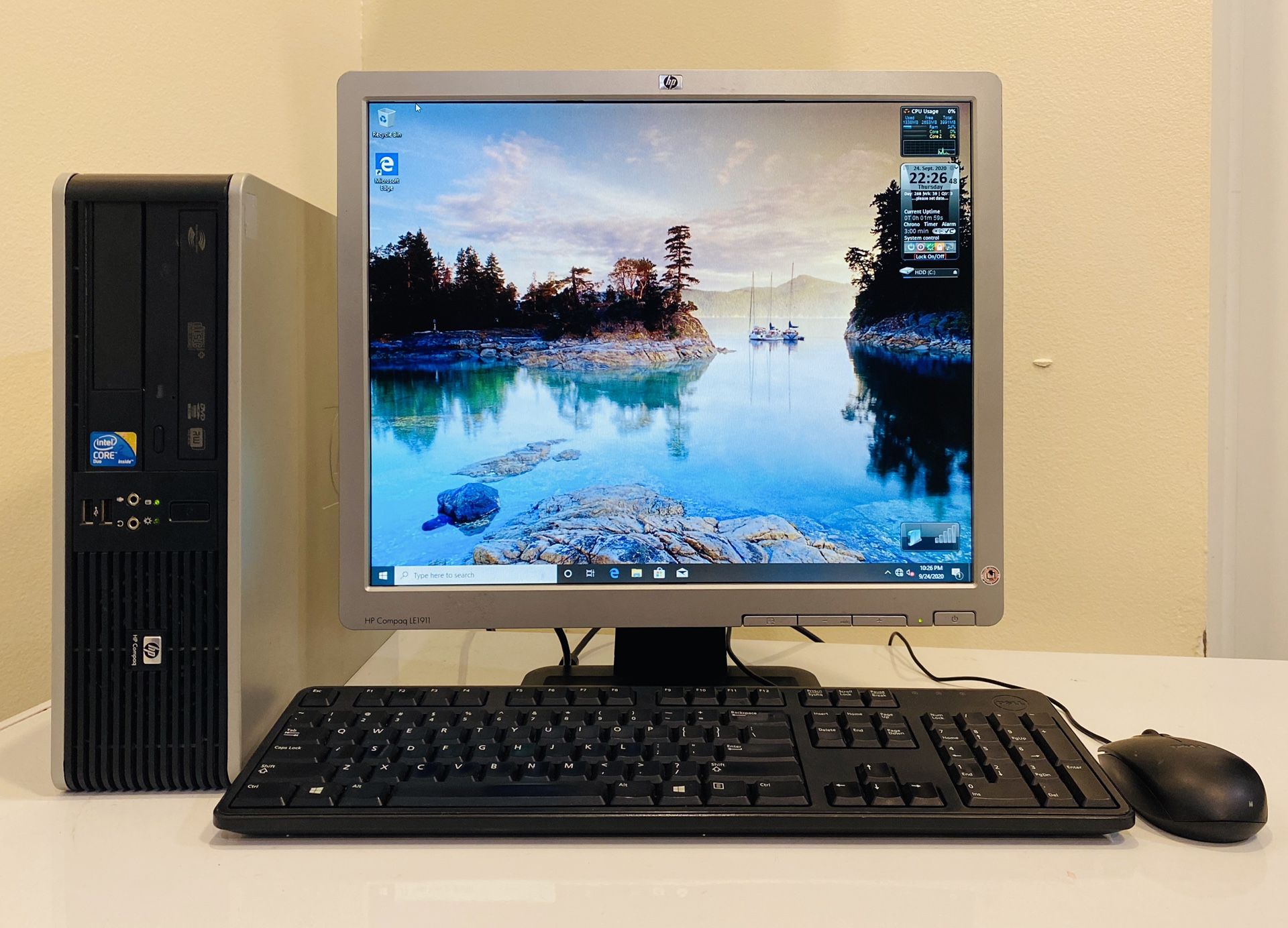 Great HP Core2Duo @3,0 GHz, Dual Display Desktop Computer.DP/ VGA. 160GB HDD, 4GB RAM, HD Graphics, 8 USB Port, 19” HP Monit/Keyb/Mouse, Win10 Pro