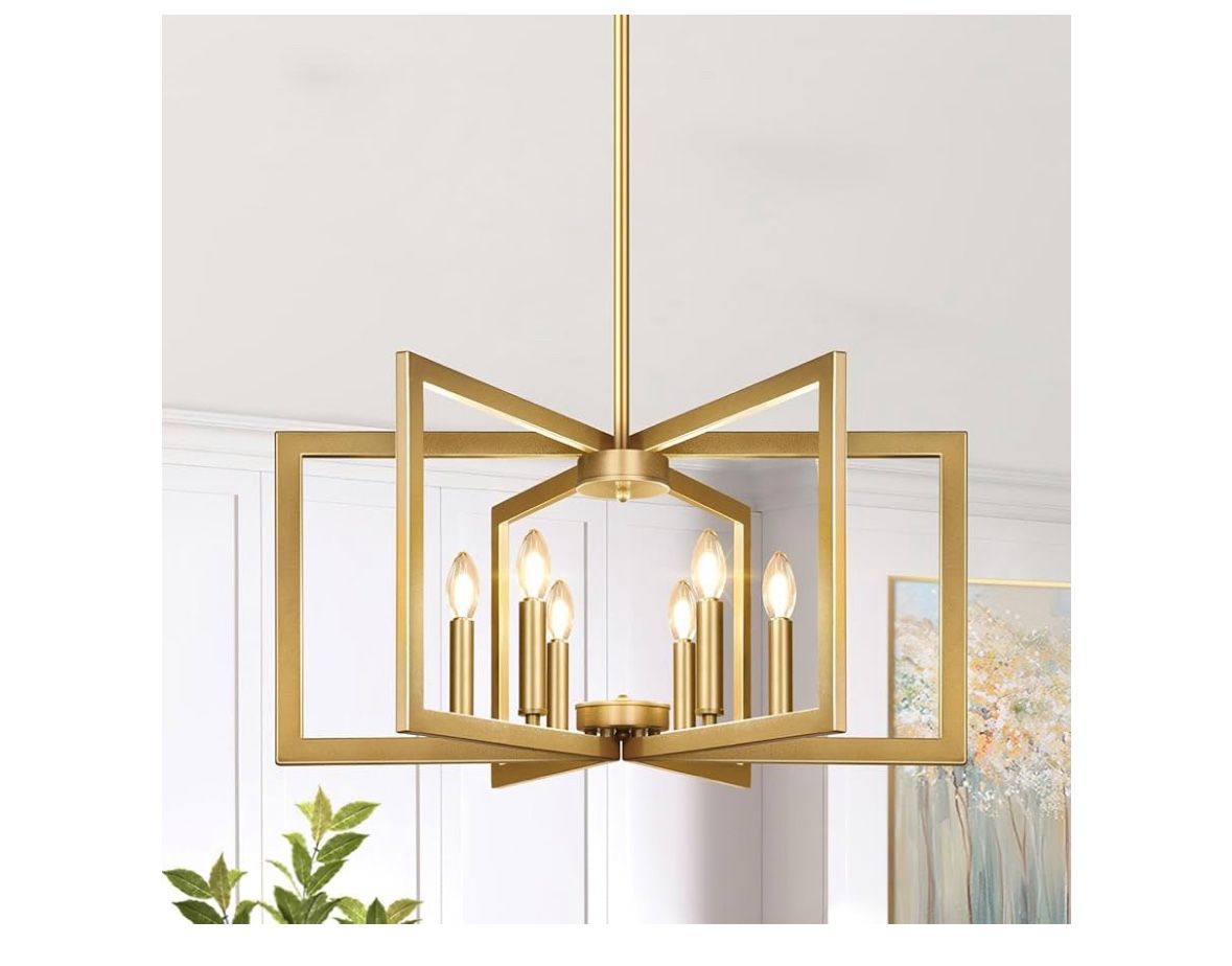 6-Light Modern Gold Chandelier, Geometric Dining Room Light Fixture Industrial Pendant Lights Kitchen Island, Hanging Metal Farmhouse Chandelier for D