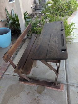 Antique, Genuine, Inkwell Wooden Oak Double School