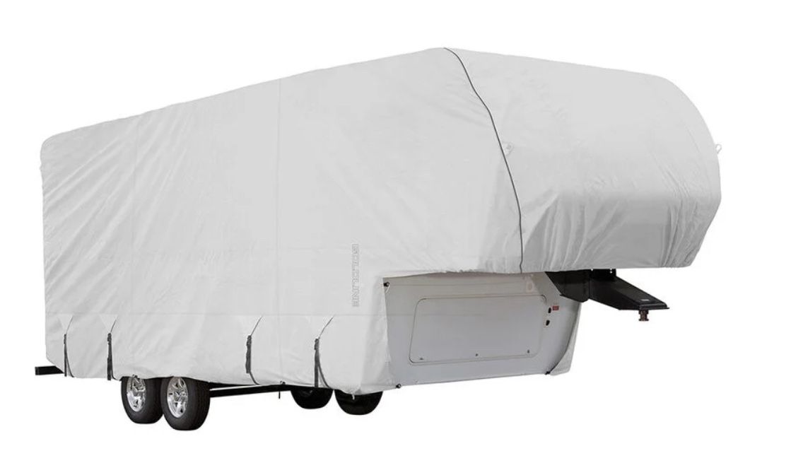 Eevelle Goldline Fifth 5th Wheel Trailer Cover - RV Cover - Waterproof, Heavy Duty, UV Protection, Anti Rot - Tan - Gray
