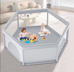 XVISHX 65x65 Inch Hexagonal Baby Playpen, gray