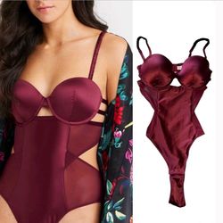 Auden Women's Satin Burgundy Lightly Lined Mesh Silky Stretch Bodysuit - Size M